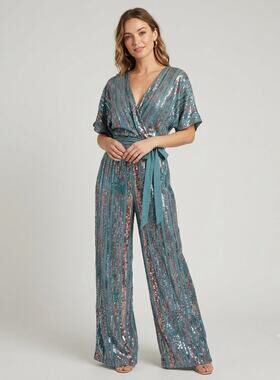 NEW Anthropologie BL^NK Gracy Sequin Wide Leg Wrap Jumpsuit XS Turquoise